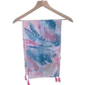 Unbranded Pink & Blue Abstract Print Scarf Shawl w/ Tassels Sheer 60x11in
